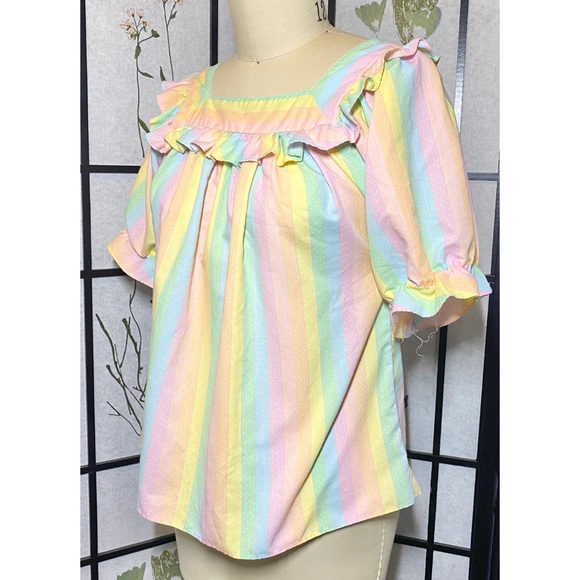 Vintage pastel rainbow square dancing blouse - Picture 6 of 9